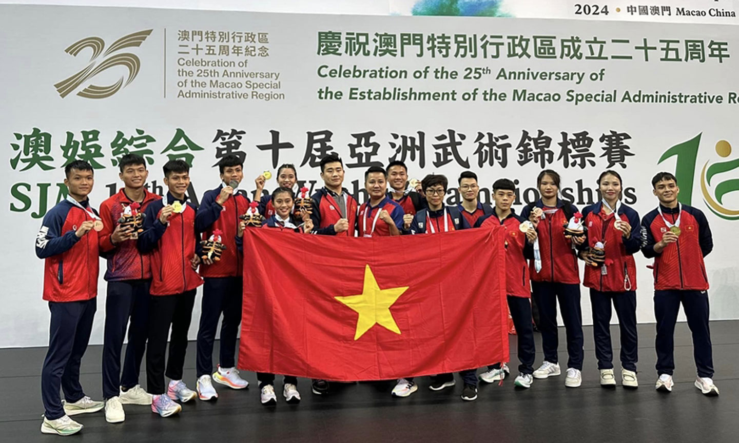 Các thành viên đội tuyển wushu Việt Nam tại Giải wushu vô địch châu Á 2024. Ảnh: VINH PHAN